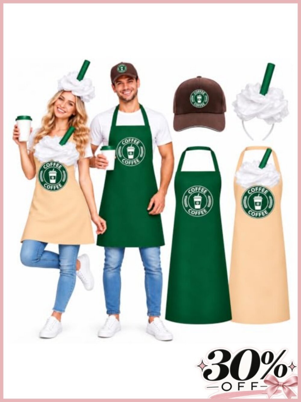 Halloween Barista Couple Costume Set Green Apron Foam Hat Headband 4 Pc